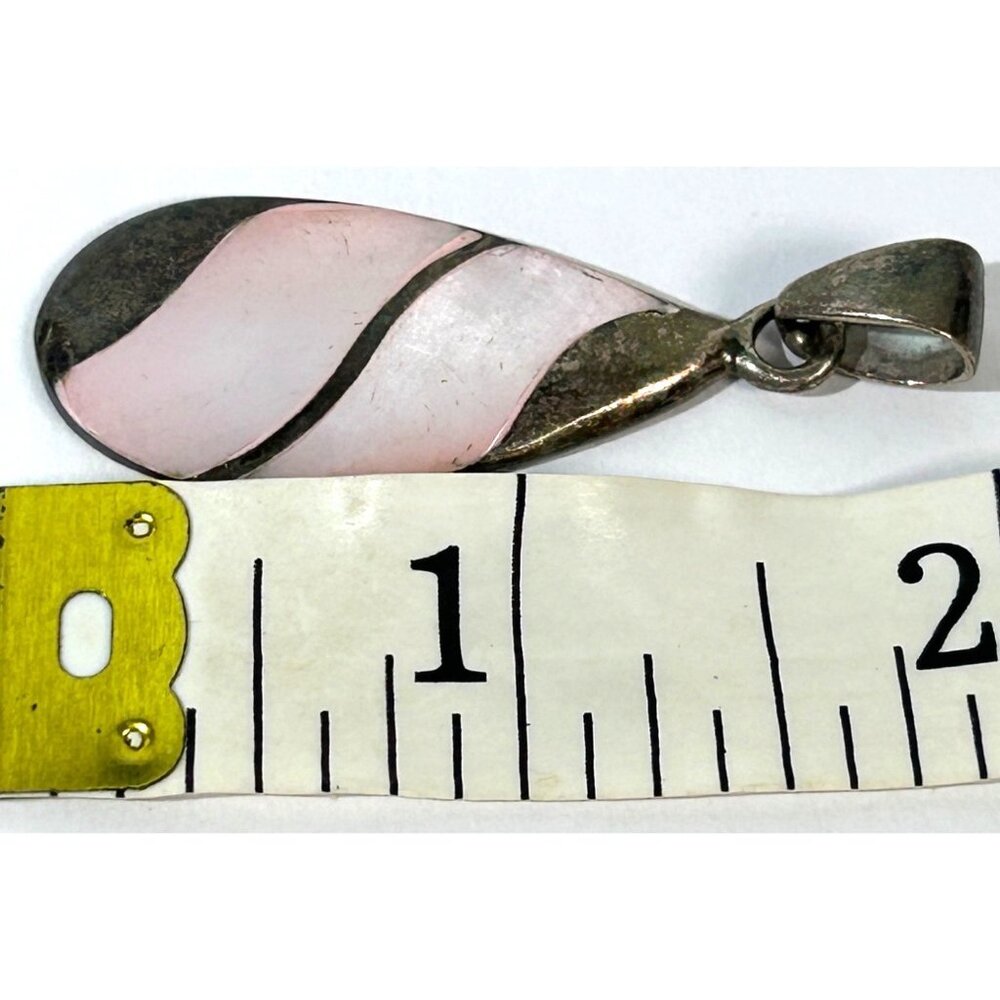 Vintage Sterling Silver & Pink Mother Of Pearl Teardrop Pendant 2” - Picture 2 of 6